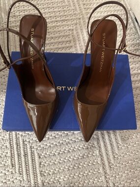 Stuart Weitzman Brown Patent Leather Pointed Slingback Pumps